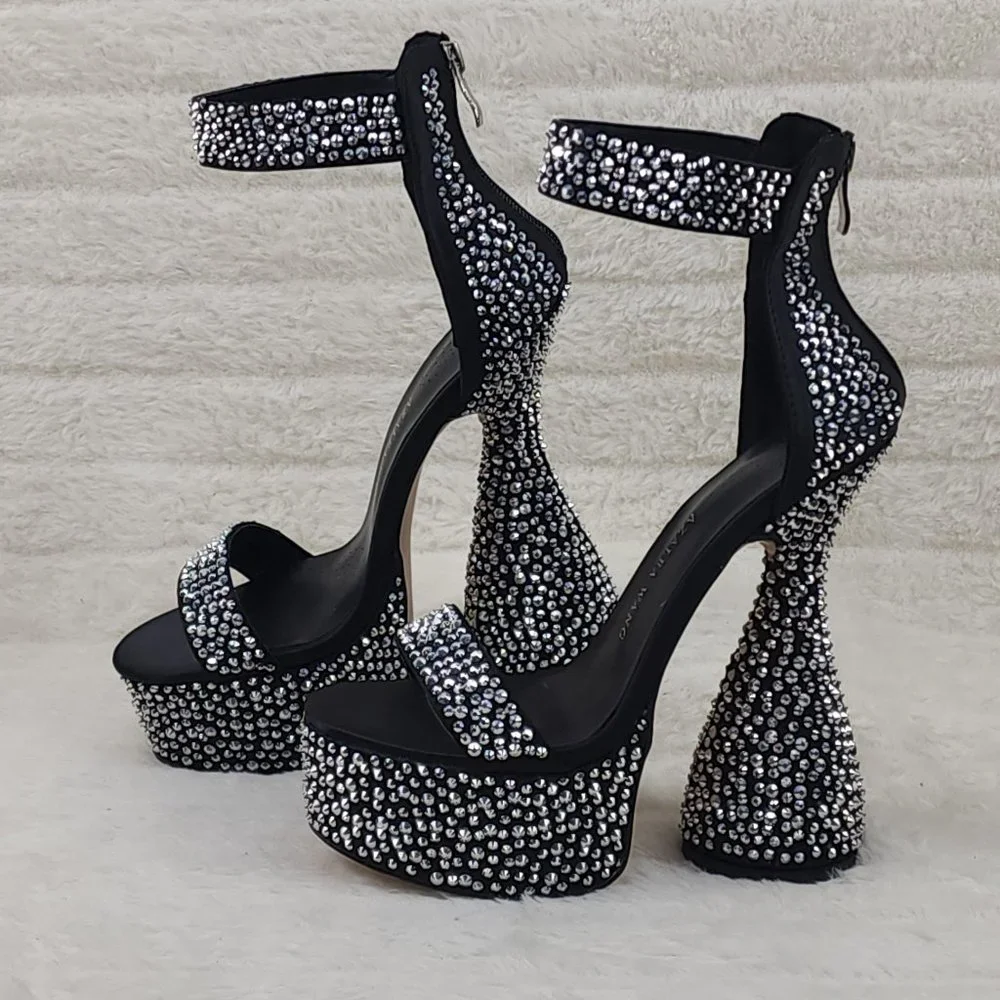 Black Satin & Silver Rhinestone Platform cylinder Heels YAR - Picture 1 of 9